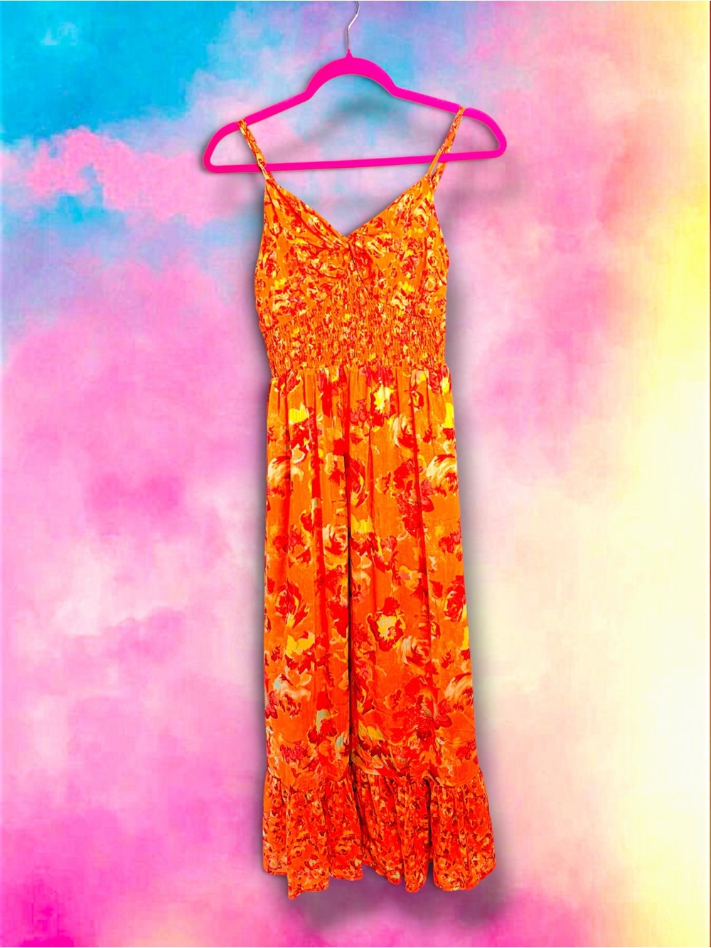 Mystree Orange Floral Smocked Maxi Dress